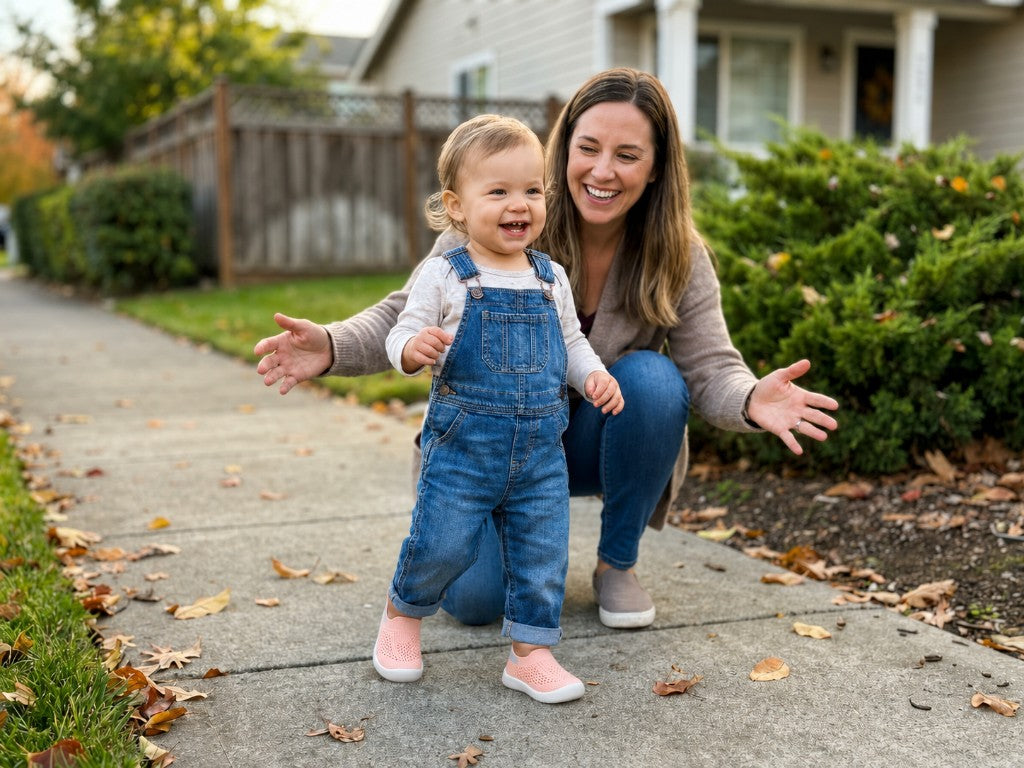 Toddler walking in Pippa & Vale barefoot shoes